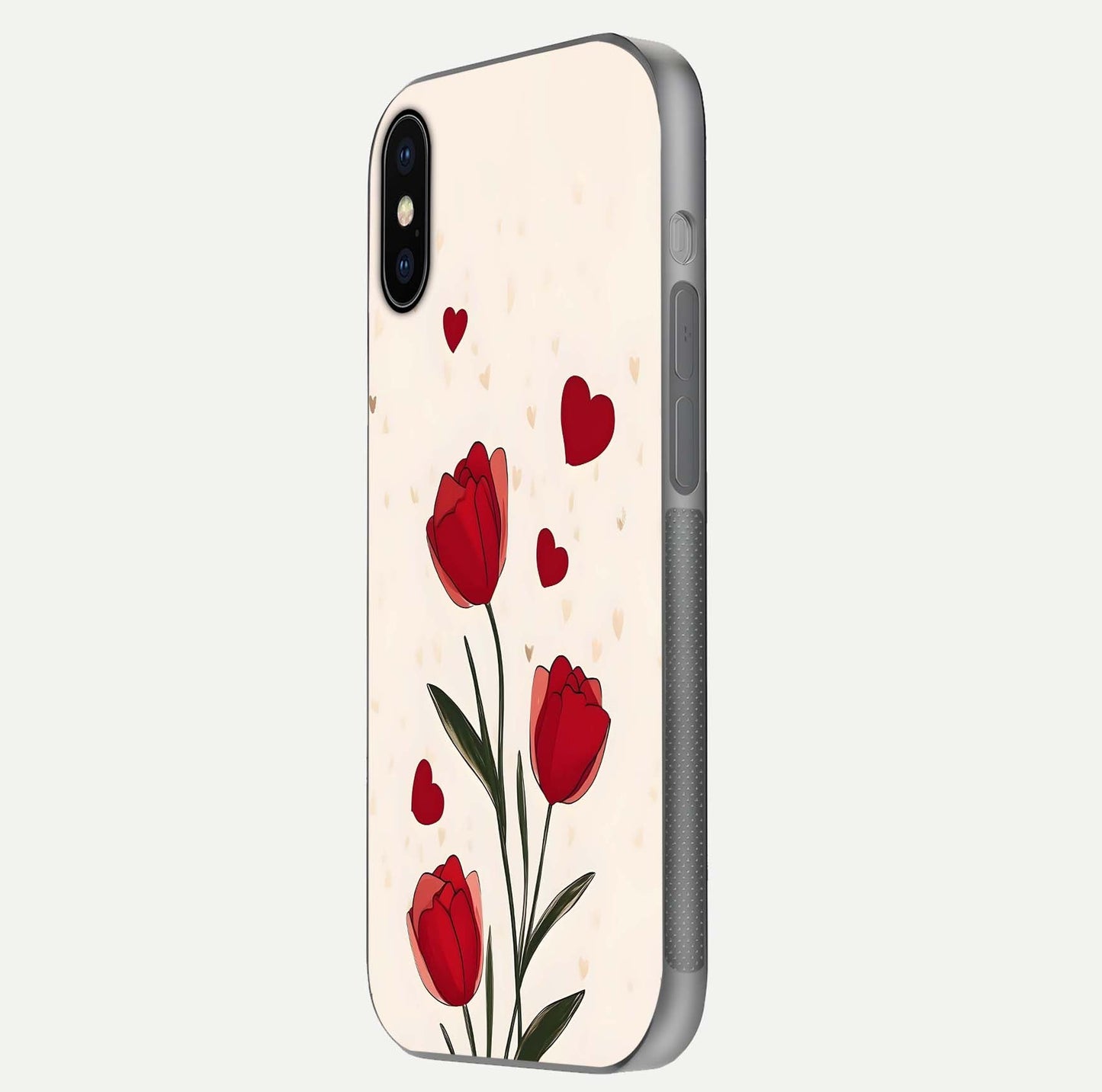 Tulip With Heart Glass Case for iPhone X side-angle image showing floral reflection and subtle gradient