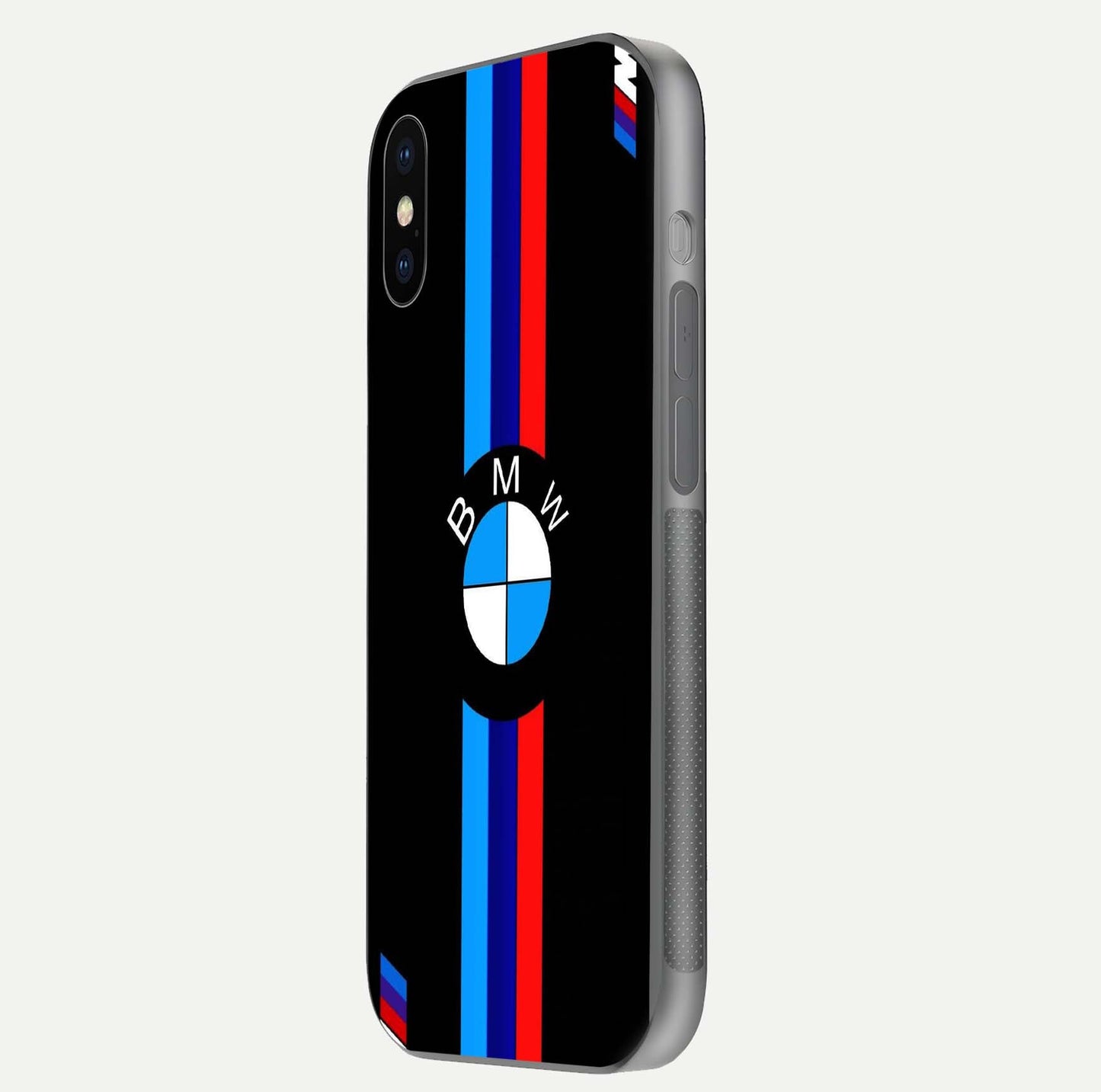 Turbo BMW Beast Glass Case for iPhone X side-angle image showing reflection and sleek edge styling