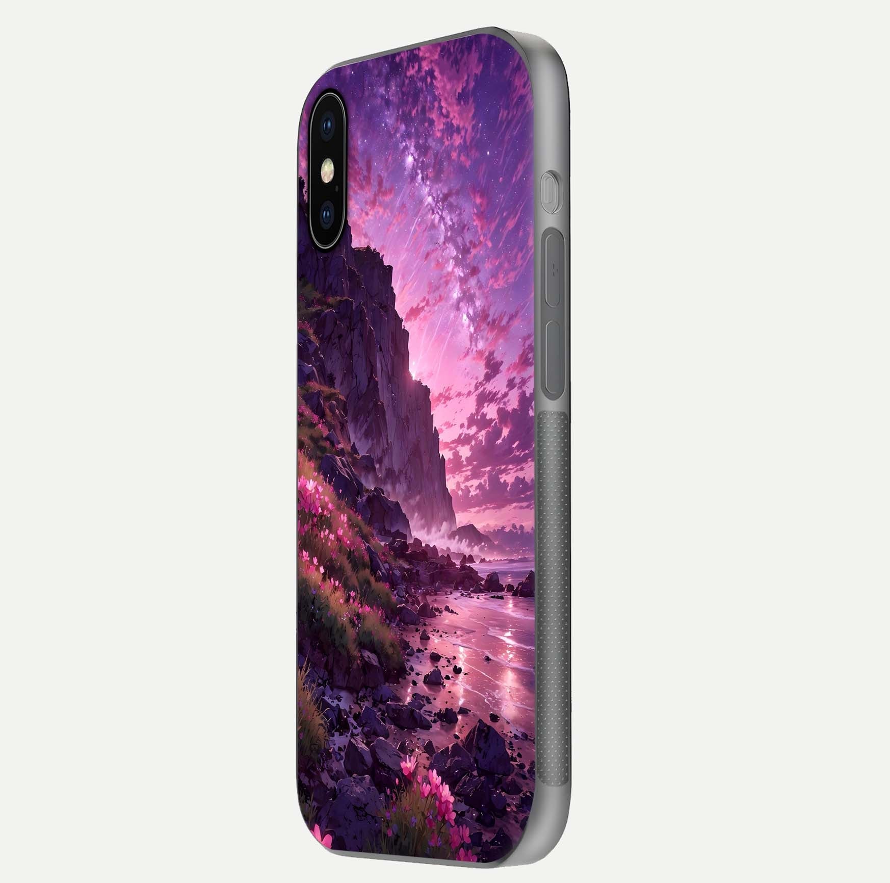 Twilight Blossom Coast Glass Case for iPhone X side-angle image showing shine, reflection, and petal tone