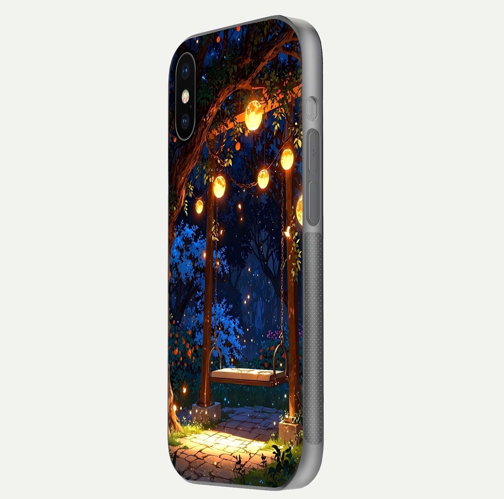 Twilight Garden Swing Glass Case for iPhone X side-angle image showing reflection, gloss, and scenic depth