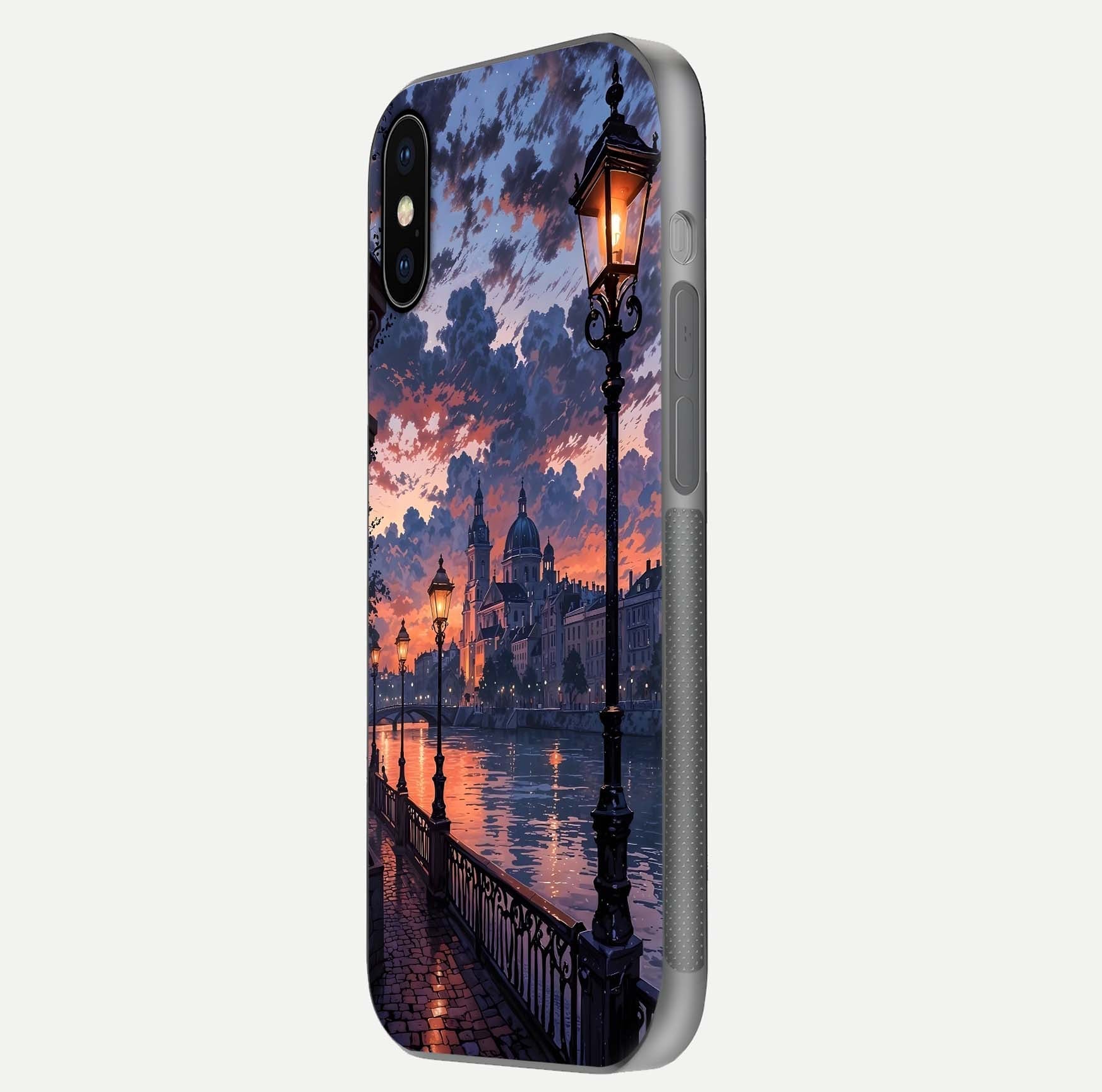 Twilight River Lights Glass Case for iPhone X side-angle image showing reflections, lighting, and gradient tones