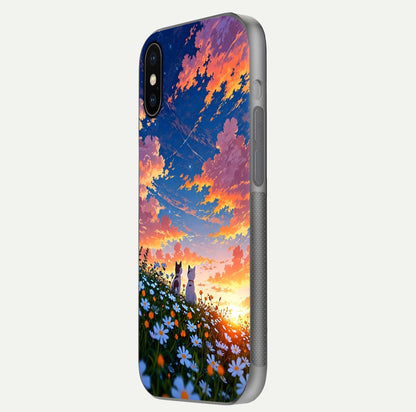 Two Cats Friends Glass Case for iPhone X side-angle image showing reflection, gloss, and color depth