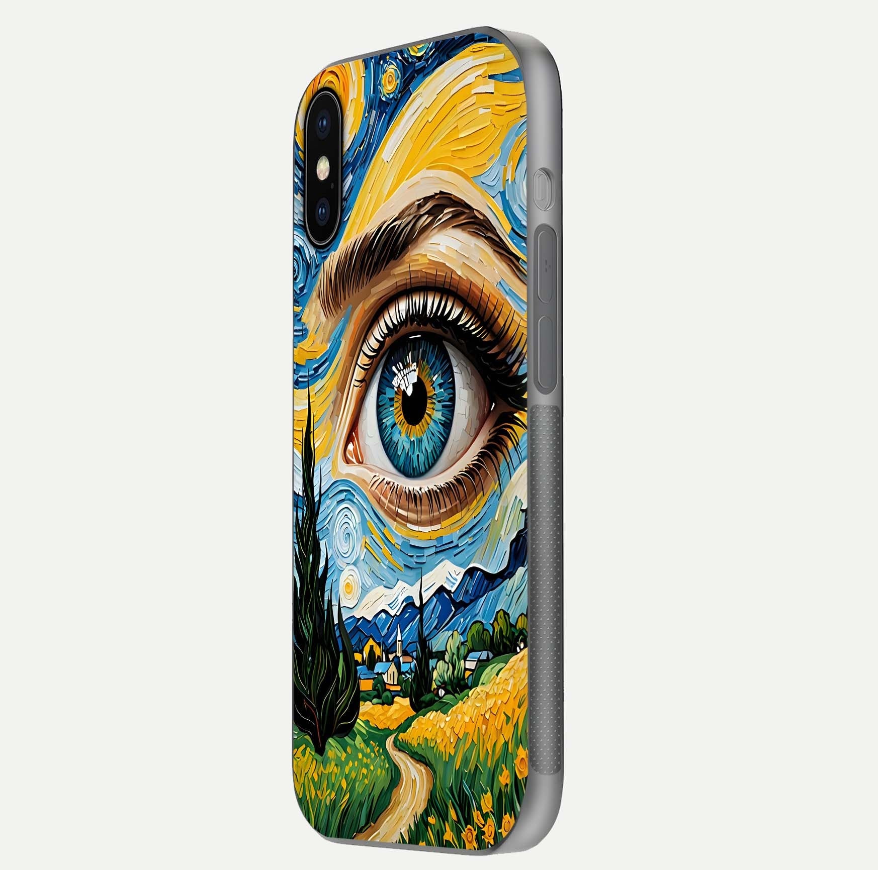 Van Gogh Eye Glass Case for iPhone 16 Pro side-angle image showing reflection, gloss, and artistic contrast