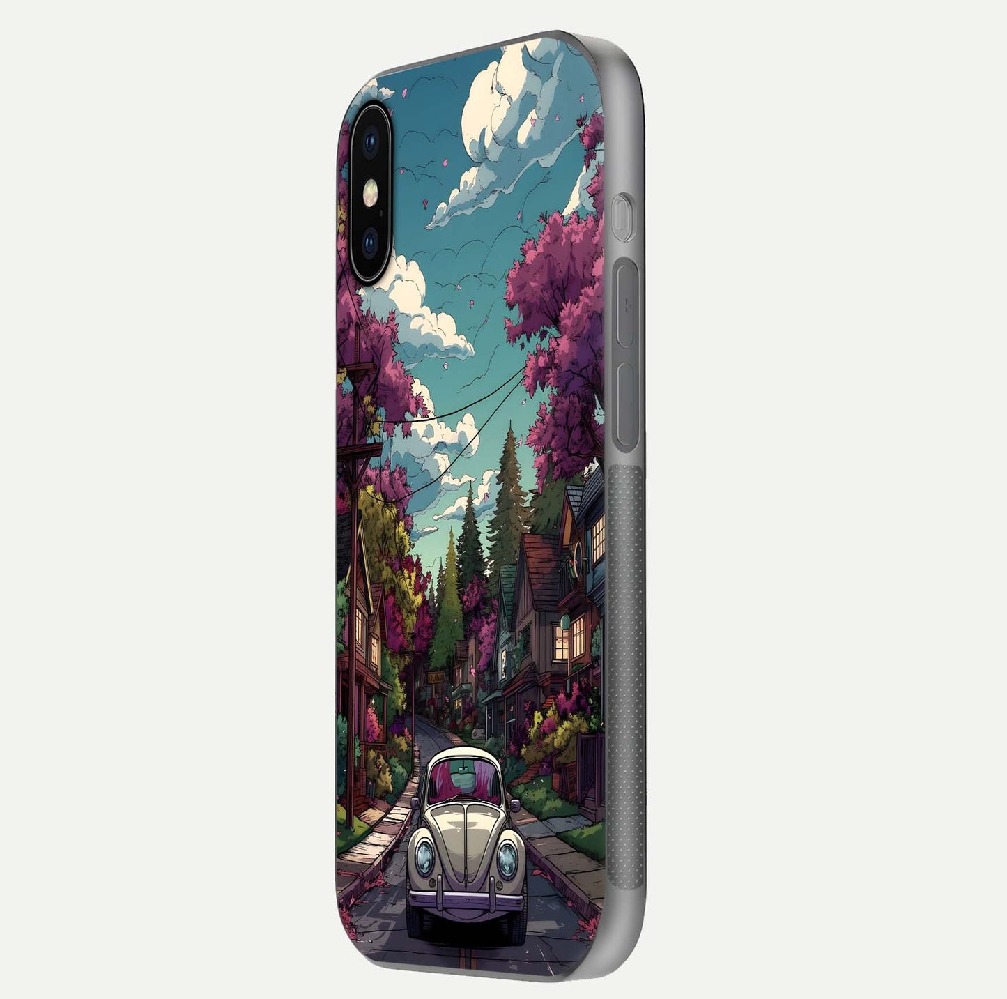Vintage Street Drive Glass Case for iPhone X side-angle image showing gloss reflection and design detail