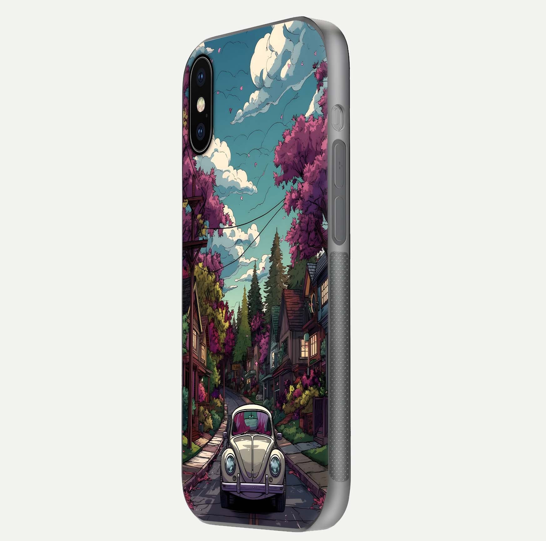 Vintage Street Drive Glass Case for iPhone X side-angle image showing gloss reflection and design detail