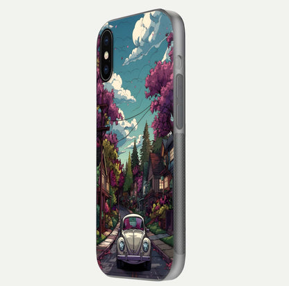 Vintage Street Drive Glass Case for iPhone X side-angle image showing gloss reflection and design detail