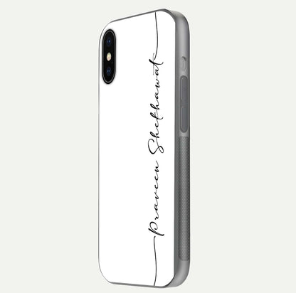 White Tune Custom Name Glass Case for iPhone X side-angle image showing shine, gloss, and minimal tone