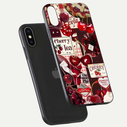 Aesthetic Cherry Tea Glass Case for iPhone 16 Pro floating dual-view mockup showing edge design and detailed cherry pattern gloss texture