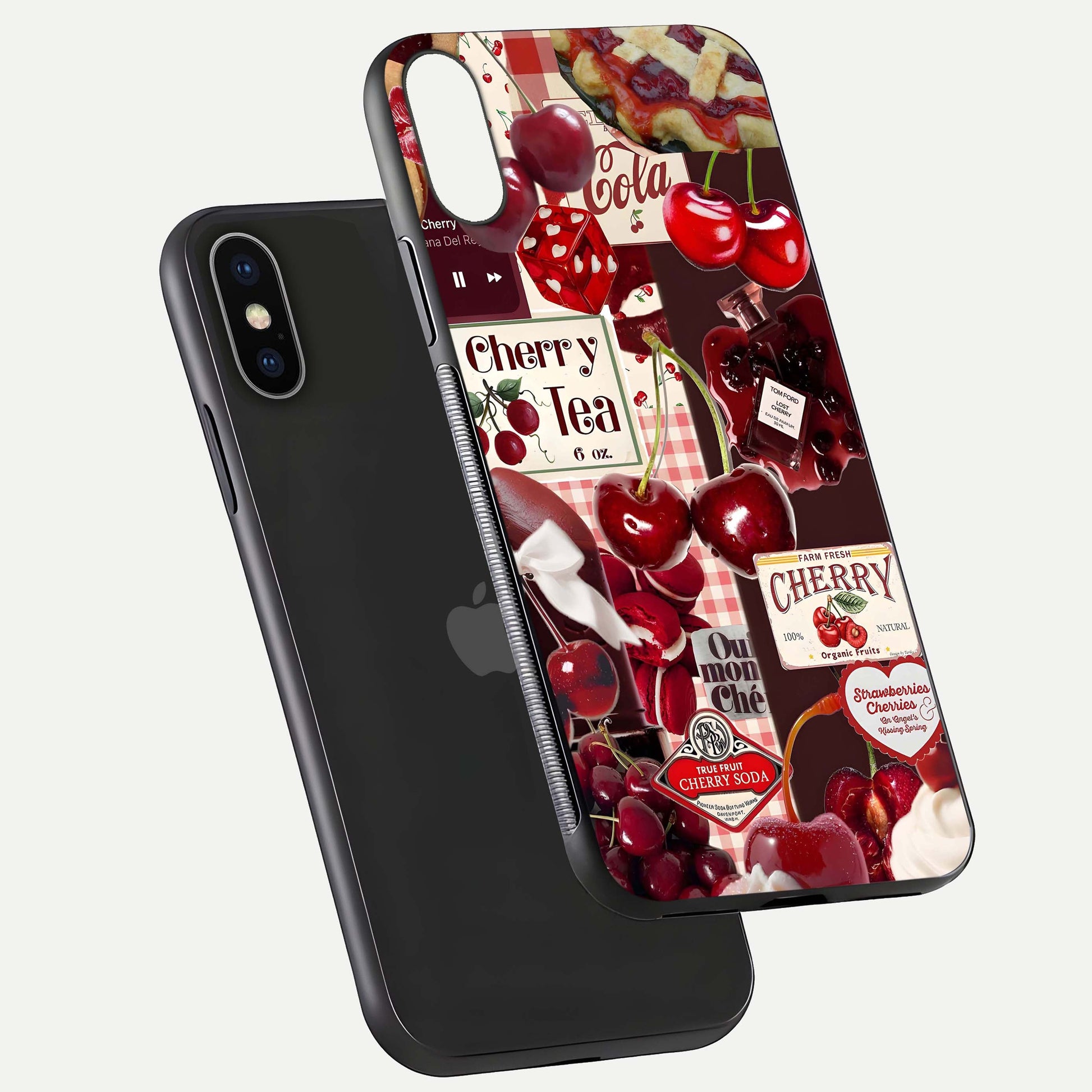 Aesthetic Cherry Tea Glass Case for iPhone 16 Pro floating dual-view mockup showing edge design and detailed cherry pattern gloss texture