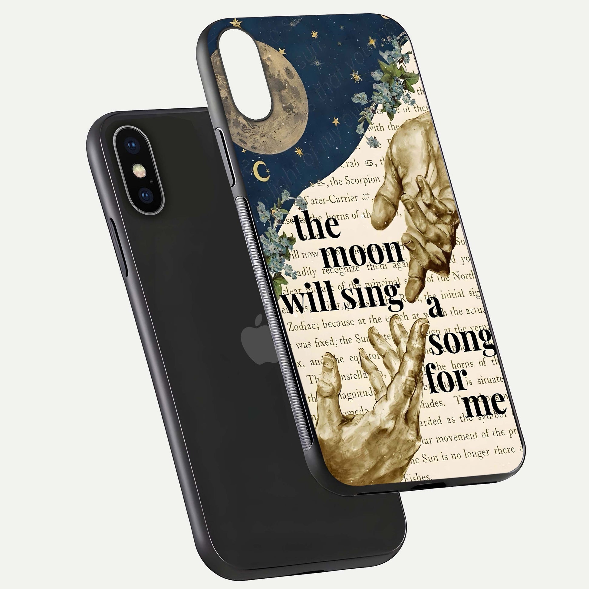 Aesthetic Divine Glass Case for iPhone 16 Pro floating dual-view mockup showing edge design and divine art gloss texture