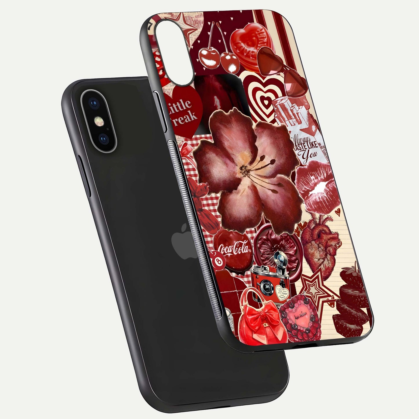 Aesthetic Little Freak Glass Case for iPhone 16 Pro floating dual-view mockup showing edge design and detailed collage gloss texture