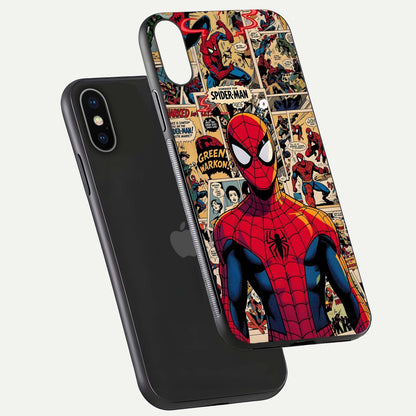 Aesthetic Spider Man Glass Case for iPhone 16 Pro floating dual-view mockup showing edge design and detailed Spider-Man gloss texture