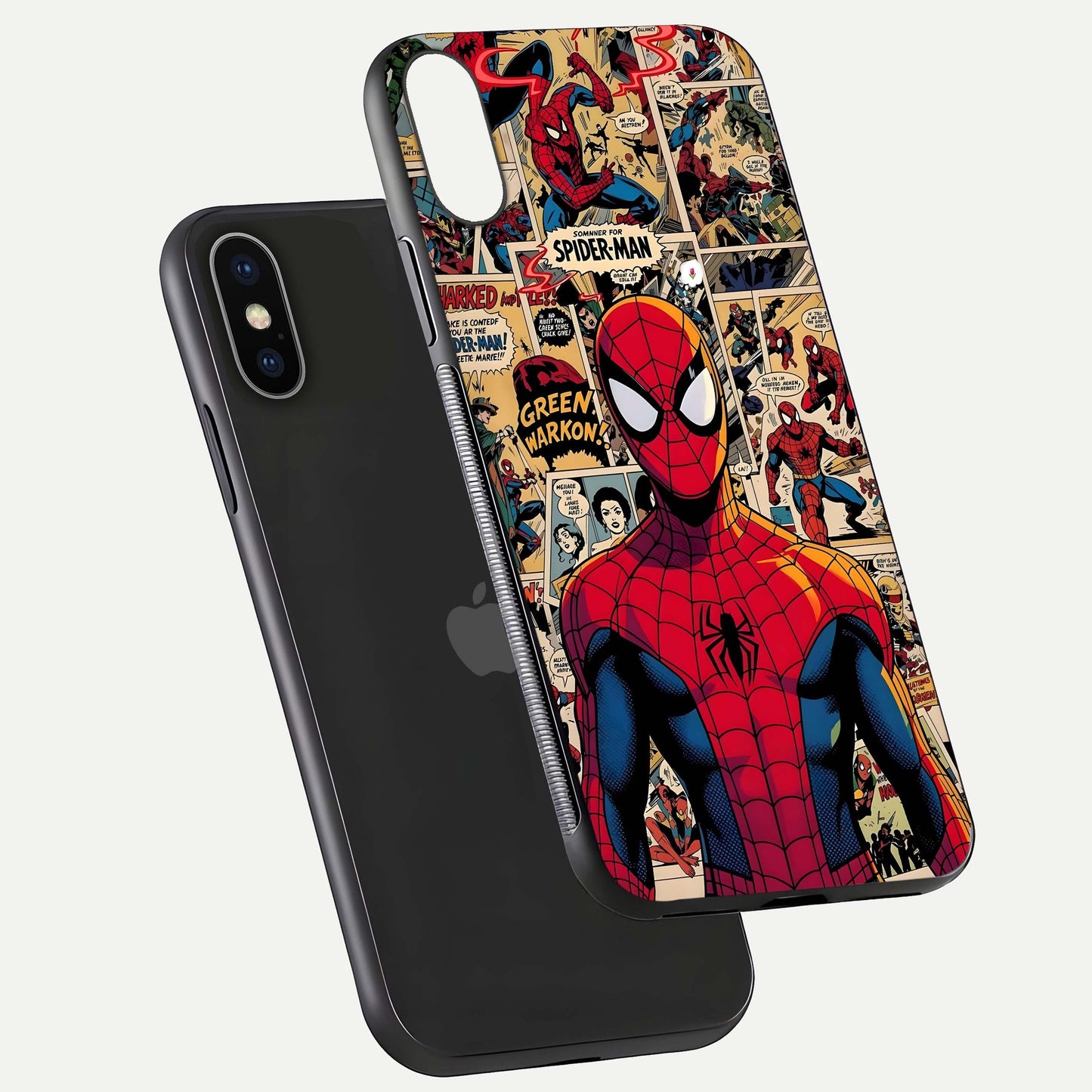 Aesthetic Spider Man Glass Case for iPhone 16 Pro floating dual-view mockup showing edge design and detailed Spider-Man gloss texture