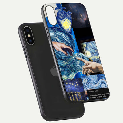 Aesthetic Vando Hands Glass Case for iPhone 16 Pro floating dual-view mockup showing slim edge profile and high-definition gloss