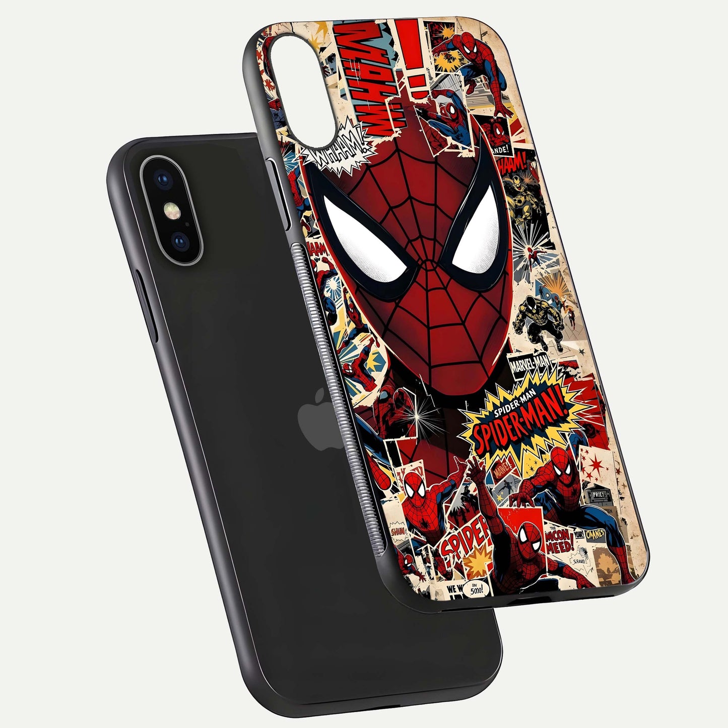 Aesthetic Wonder Spider Glass Case for iPhone 16 Pro floating mockup emphasizing superhero art and glossy reflection