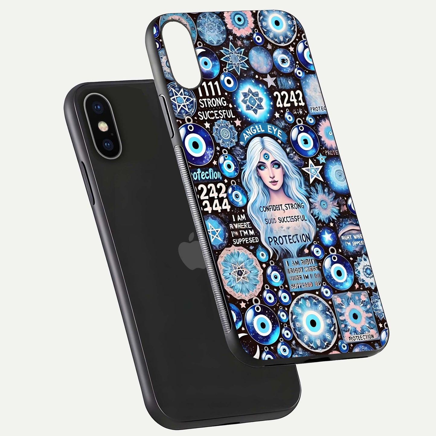 Angel Aura Shield Glass Case for iPhone X floating angle showing light reflection and protective edge structure