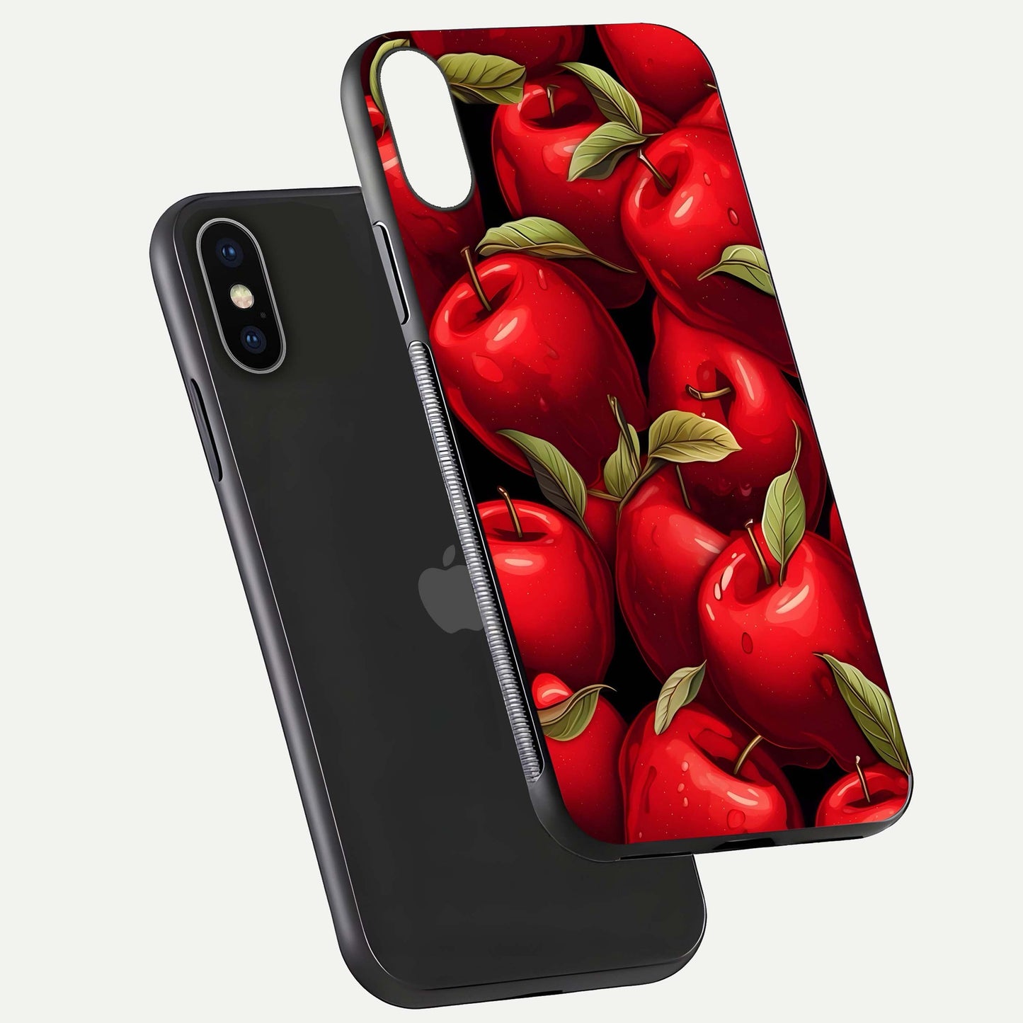 Apple Pattern Glass Case for iPhone X floating mockup with smooth edge detailing and pattern clarity