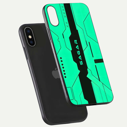 Aqua Tech CYBERPUNK Custom Name Glass Case for iPhone 16 Pro floating mockup highlighting name customization area
