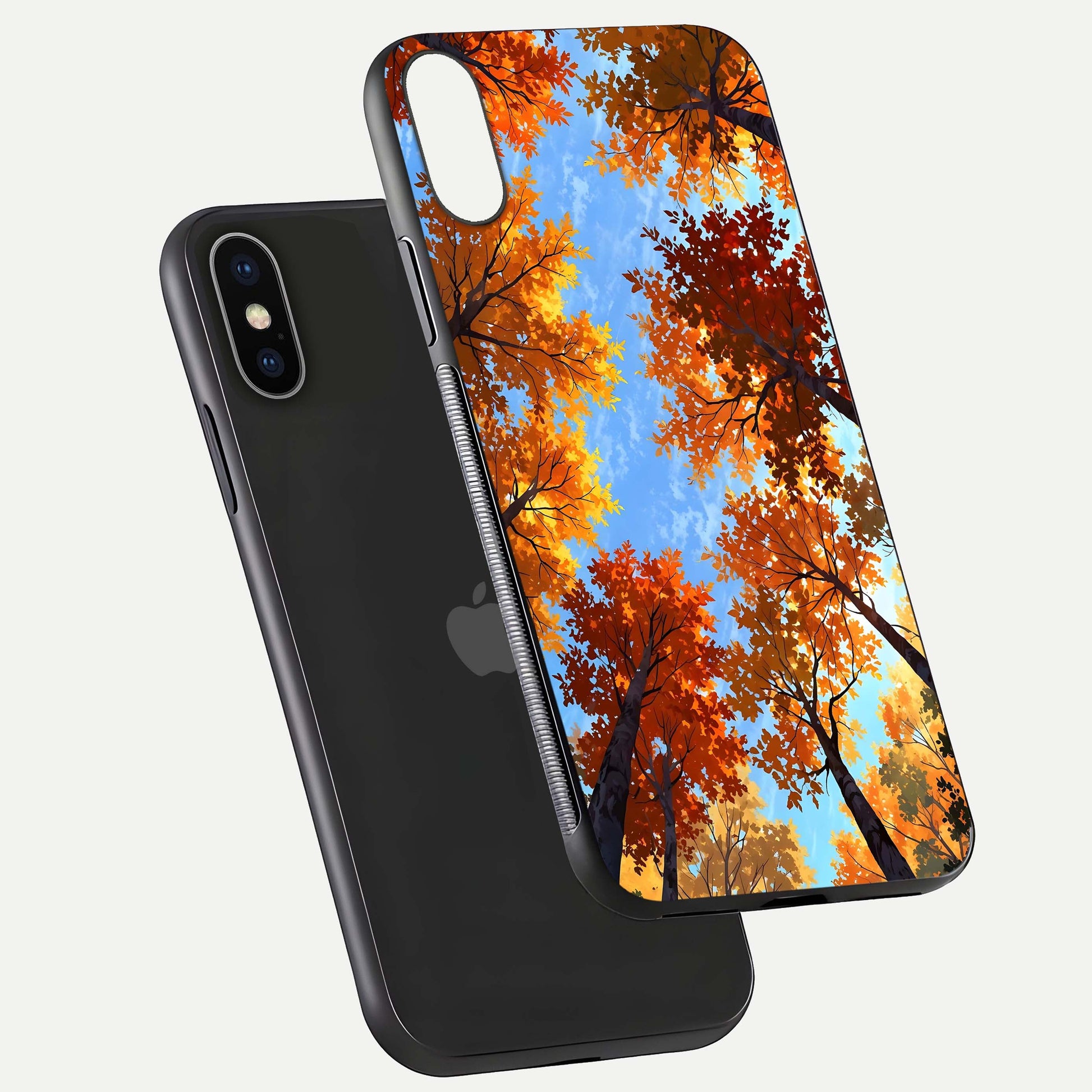 Autumn Sky Rise Glass Case for iPhone X floating dual-view mockup with sky horizon and glossy highlights