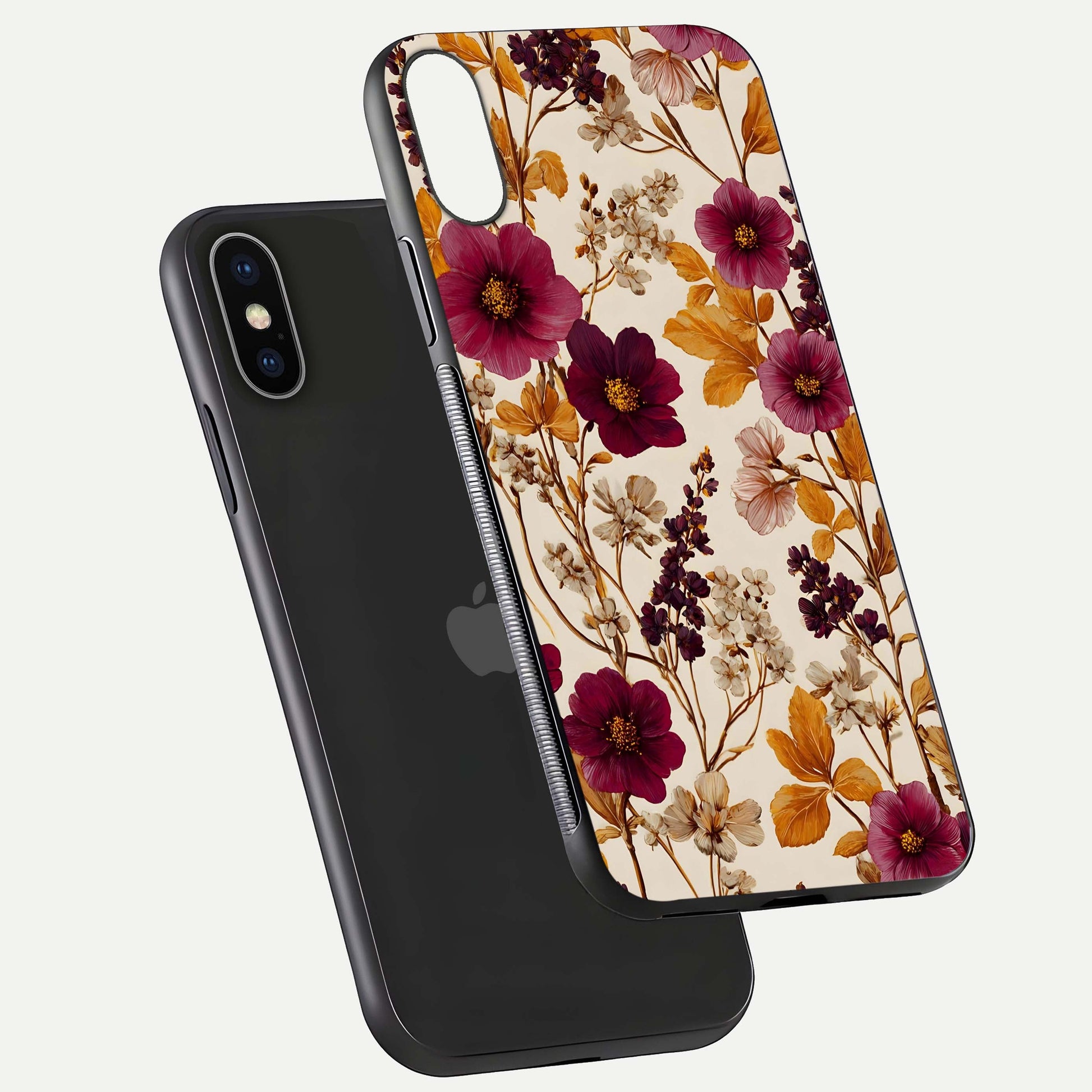 Autumn Wine Bloom Glass Case for iPhone X floating mockup with premium floral gradient and protection edge