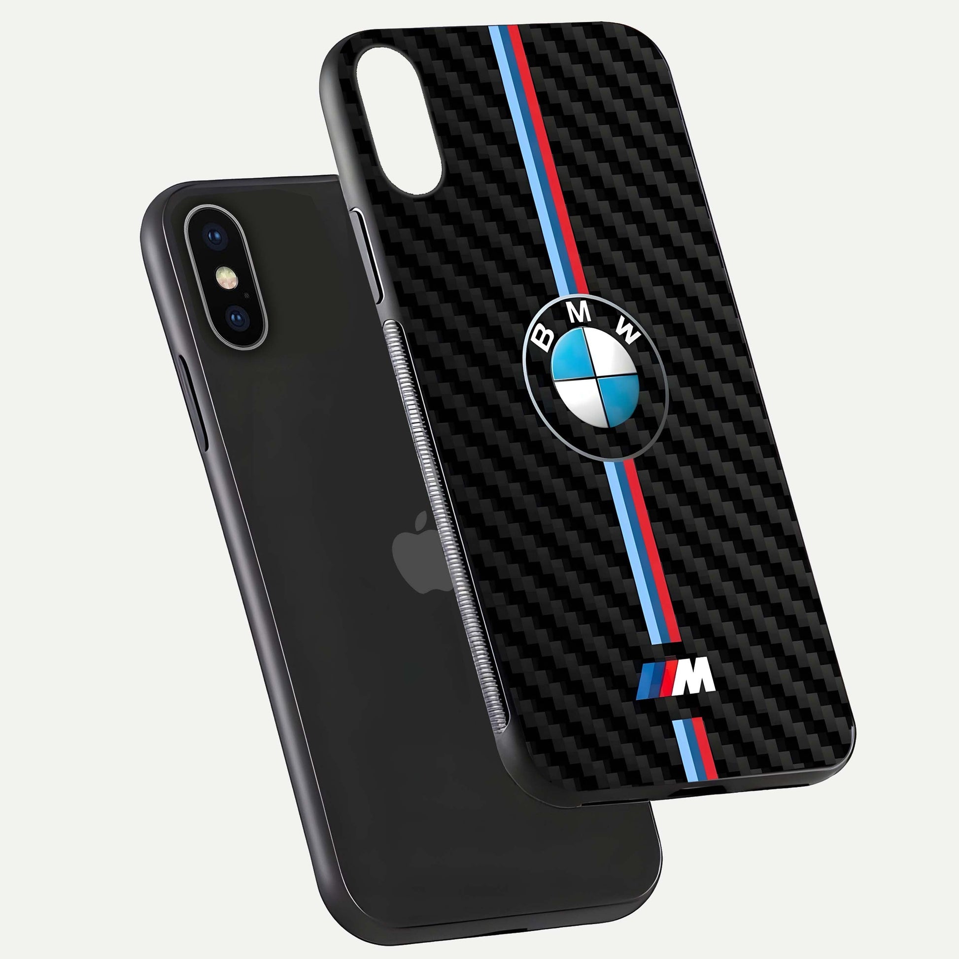 BMW Pattern Glass Case for iPhone X floating mockup highlighting clean lines and metallic accent reflection