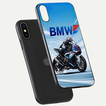 BMW Power Drift Glass Case for iPhone X floating mockup displaying bold drift artwork and glossy polish