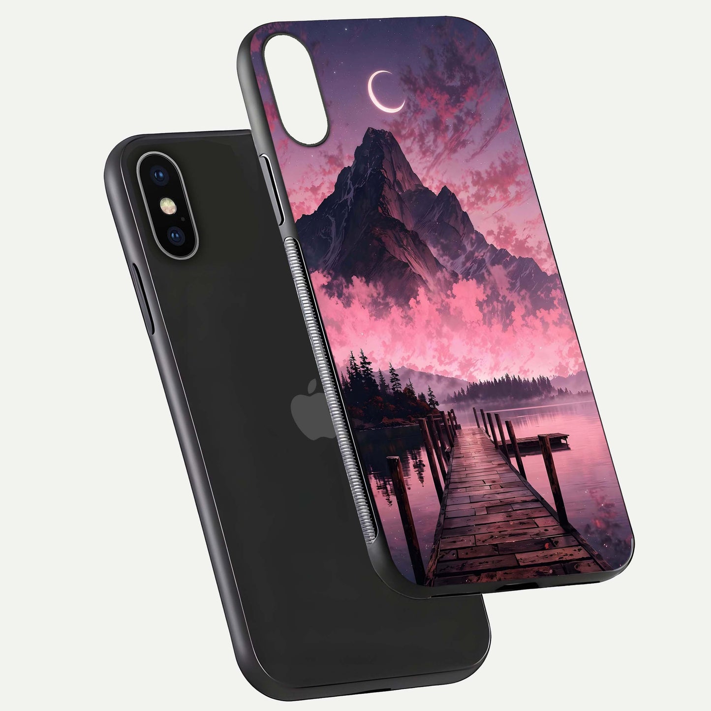 Beautyful Mountain View Glass Case for iPhone X floating dual mockup showing edges and reflective sky print