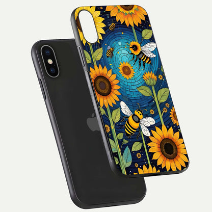 Bees & Sunflowers Glass Case for iPhone 16 Pro floating dual-view mockup displaying vibrant yellow tones and gloss texture