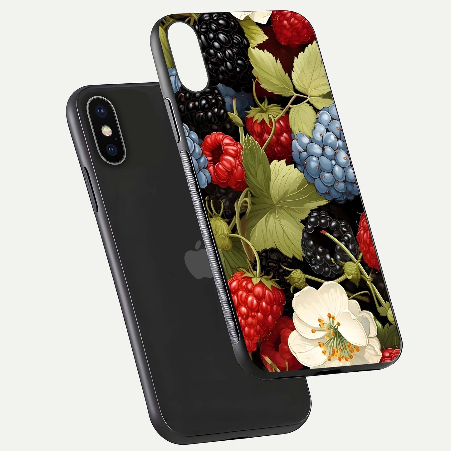Berry Bloom Charm Glass Case for iPhone X floating mockup capturing glossy reflection and curved-edge finish