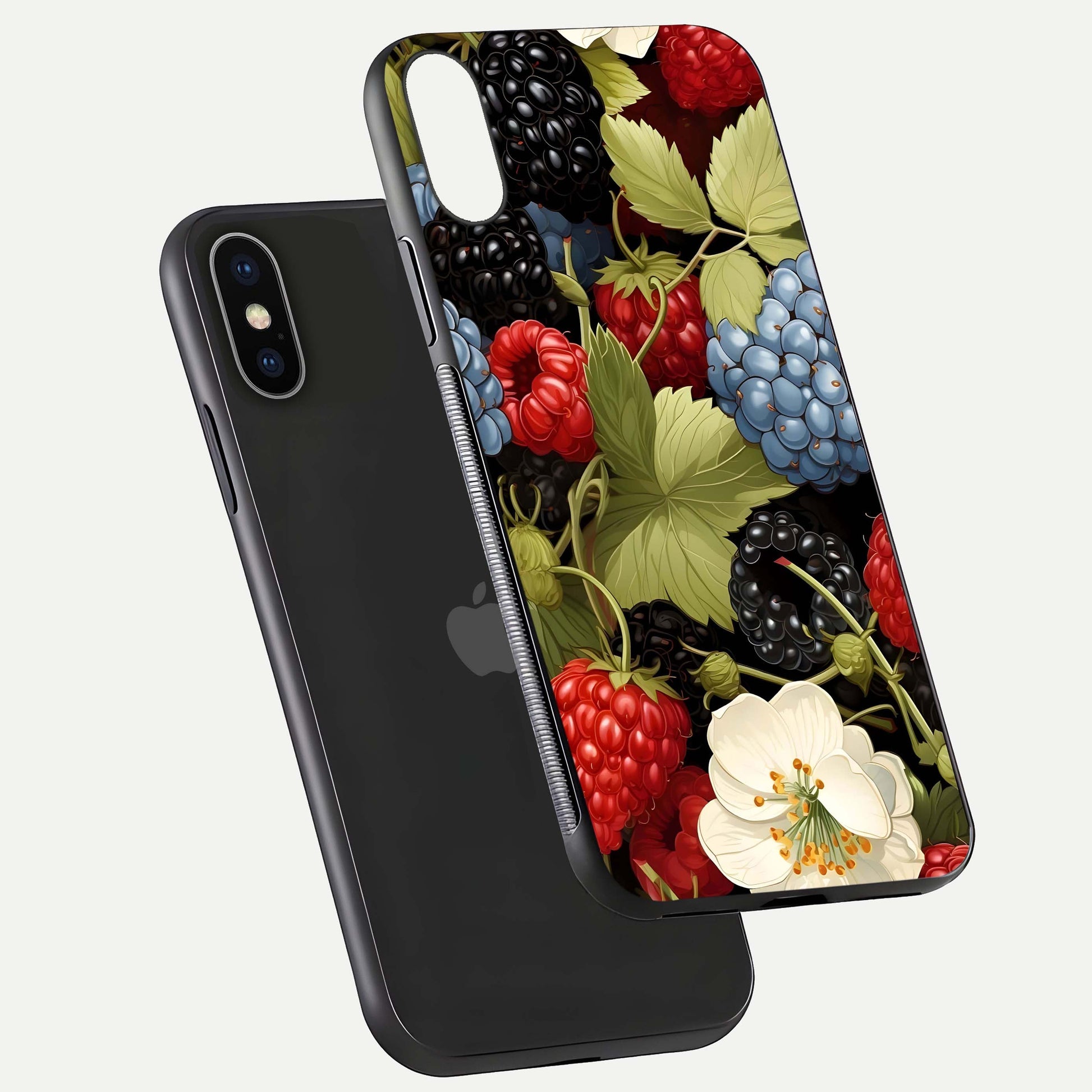Berry Bloom Charm Glass Case for iPhone X floating mockup capturing glossy reflection and curved-edge finish