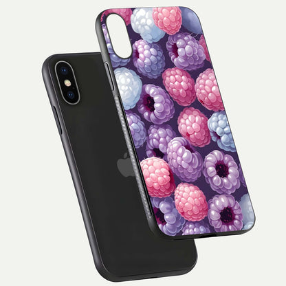 Berry Candy Pop Glass Case for iPhone X floating dual-view mockup highlighting gloss shine and curved edges