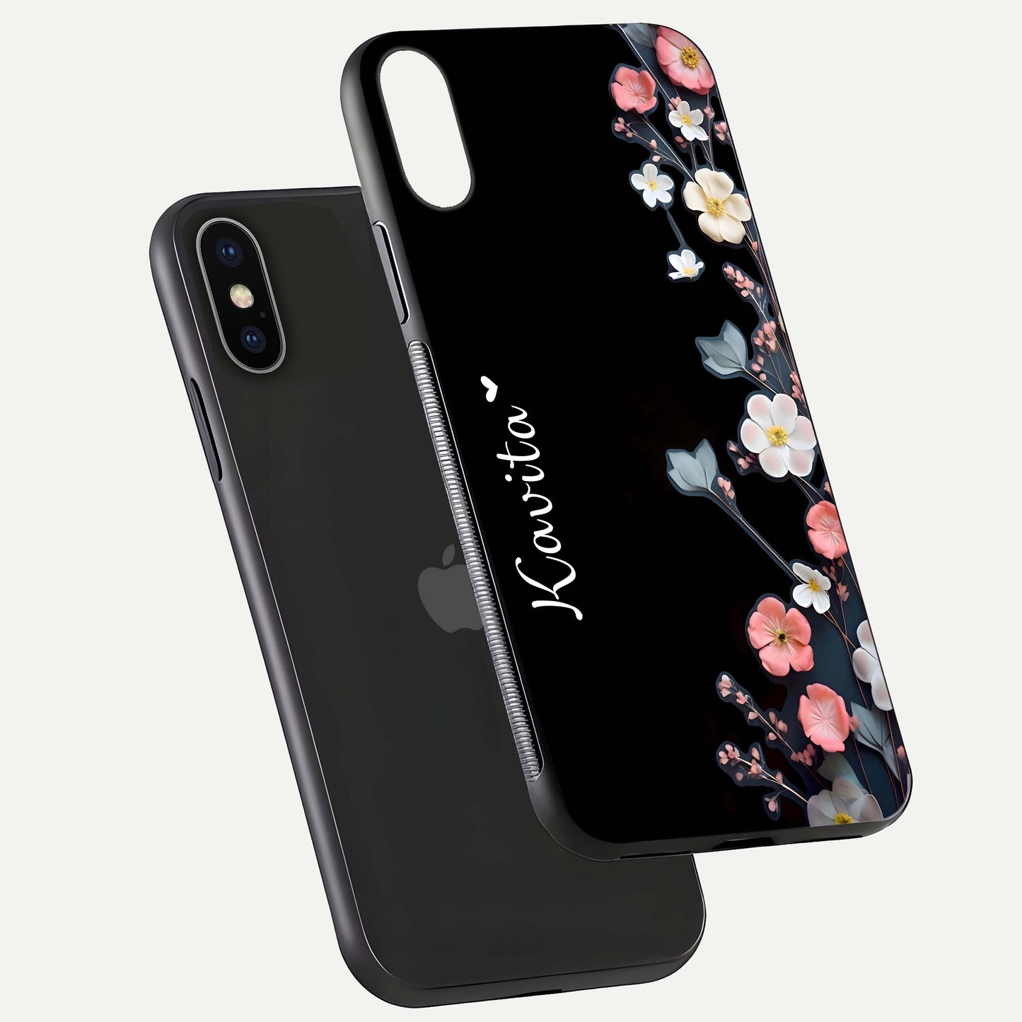 Black Elegance Floral Custom Name Glass Case for iPhone X floating mockup emphasizing premium shine and floral art
