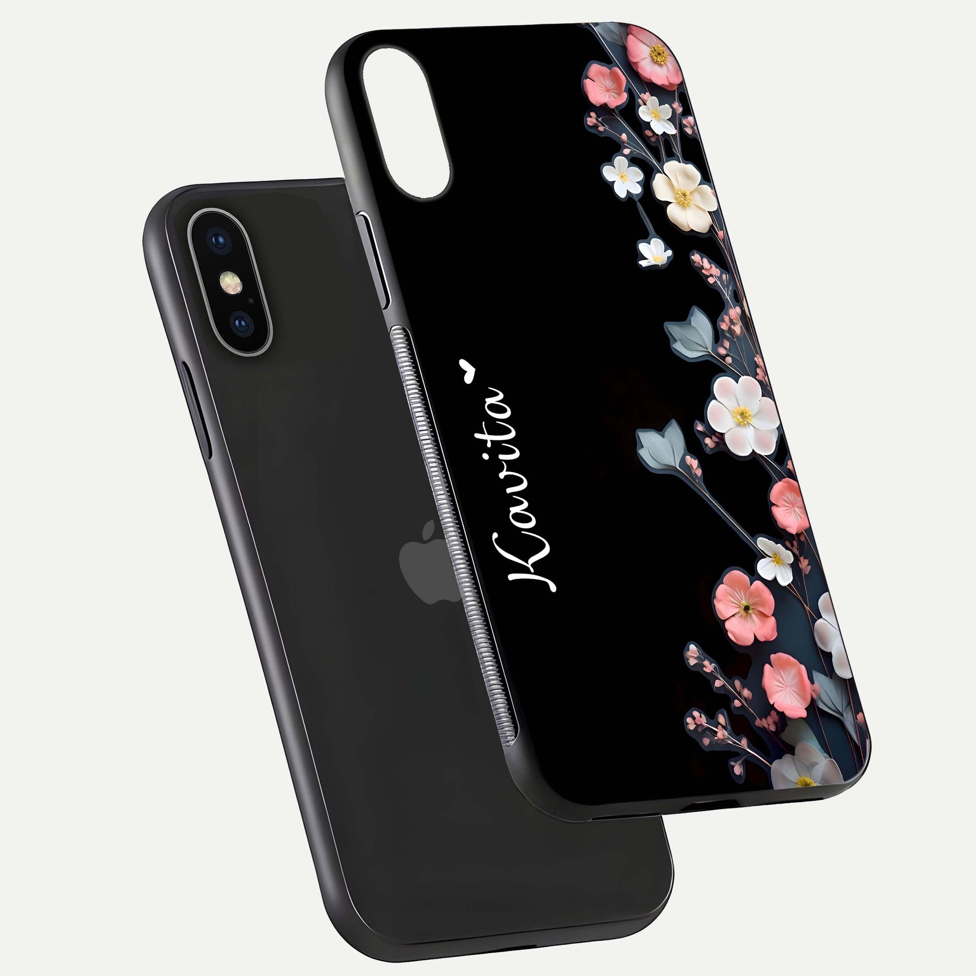 Black Elegance Floral Custom Name Glass Case for iPhone X floating mockup emphasizing premium shine and floral art
