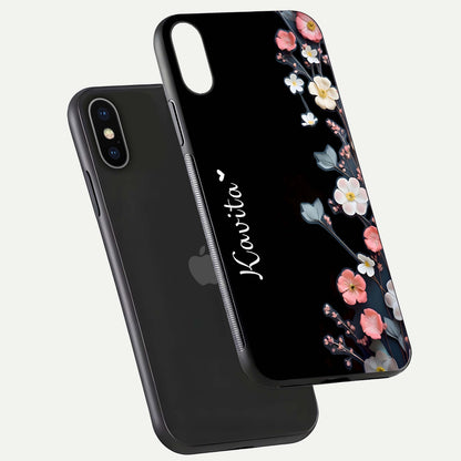 Black Elegance Floral Custom Name Glass Case for iPhone X floating mockup emphasizing premium shine and floral art
