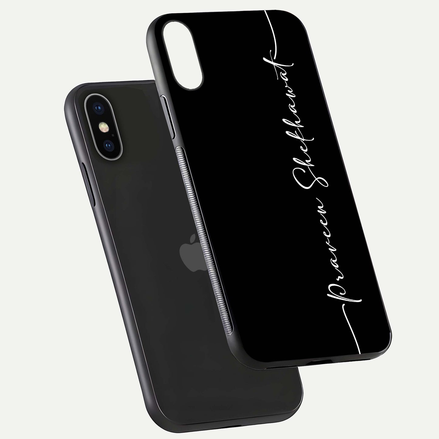 Black Tune Custom Name Glass Case for iPhone X floating dual-view mockup emphasizing modern glossy texture