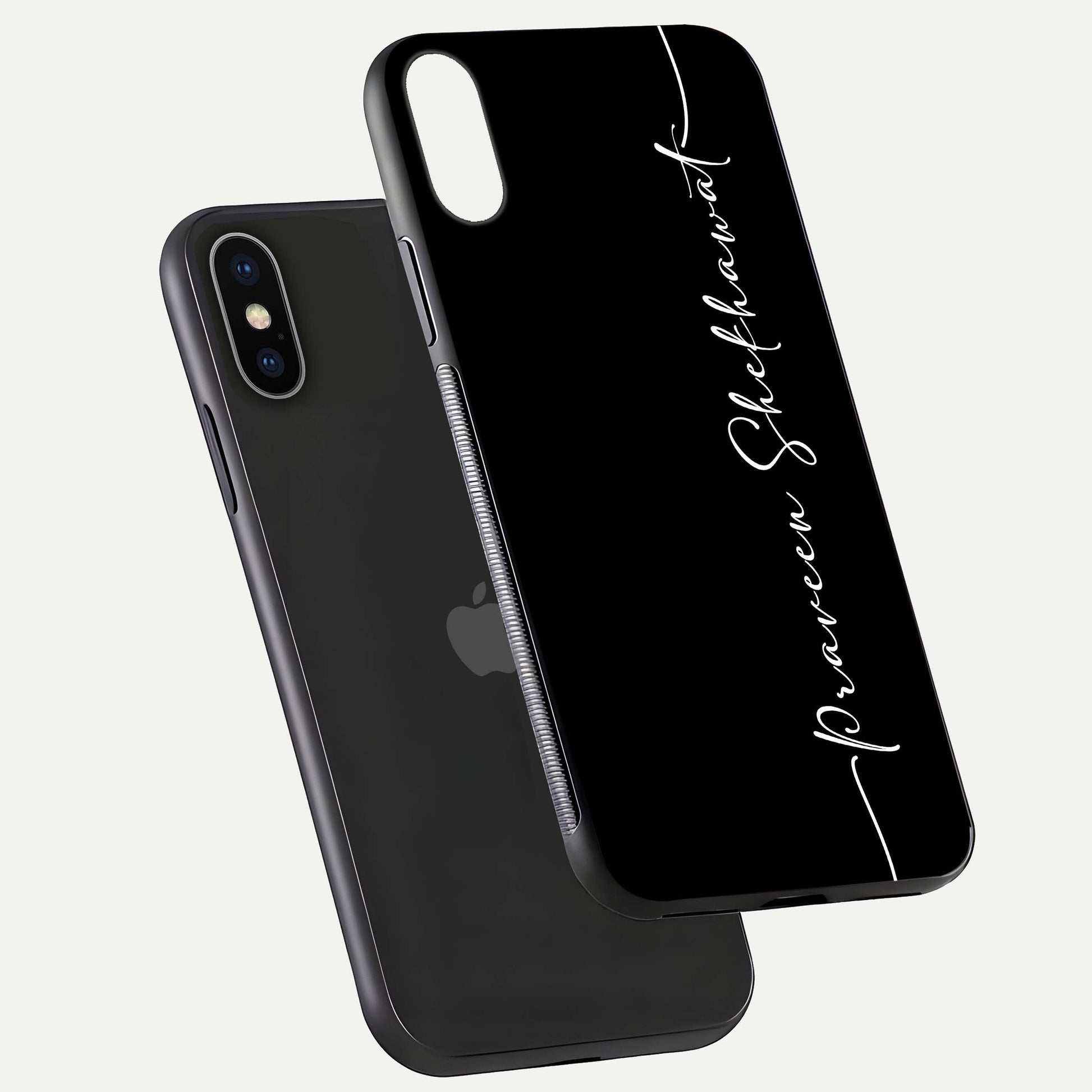Black Tune Custom Name Glass Case for iPhone X floating dual-view mockup emphasizing modern glossy texture