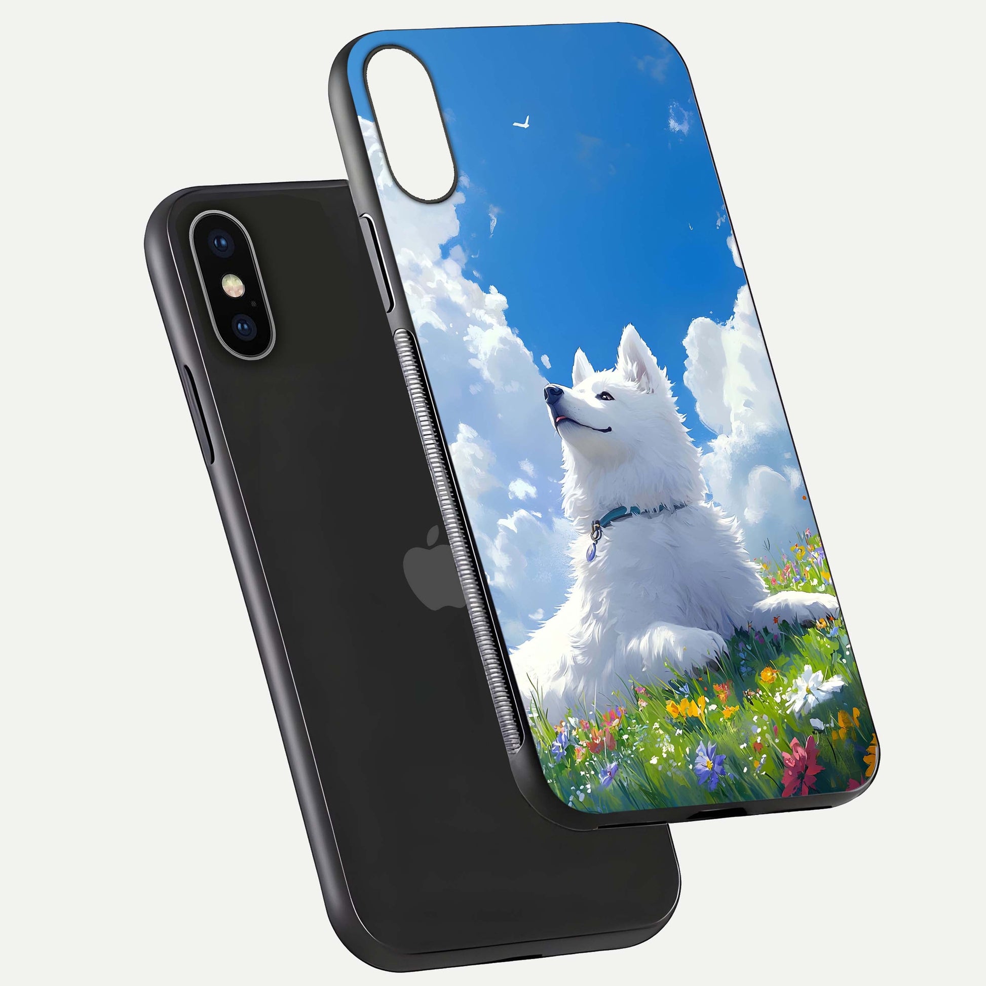 Blissful Cloud Pup Glass Case for iPhone X floating mockup capturing playful aesthetic and gloss finish