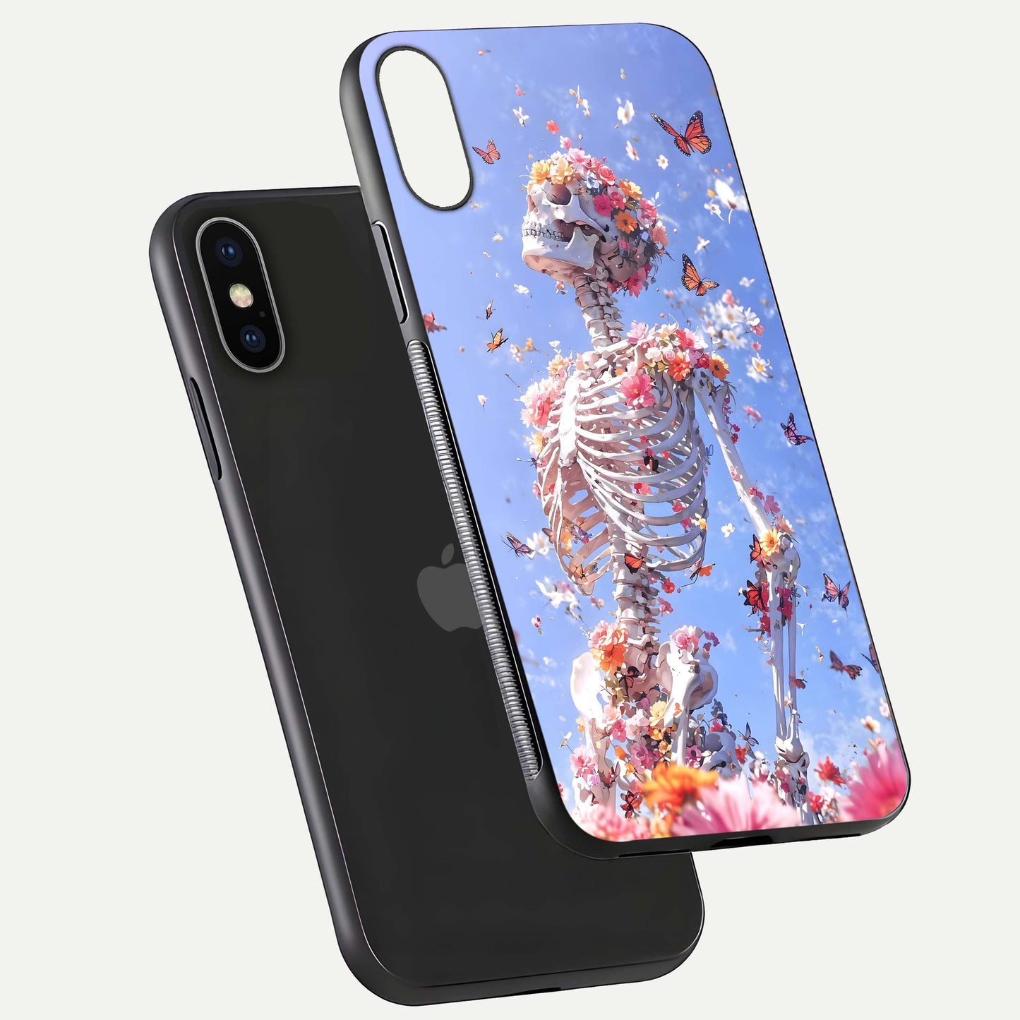 Bloom Beyond Bones Glass Case for iPhone X floating mockup displaying shine, texture, and gloss detail