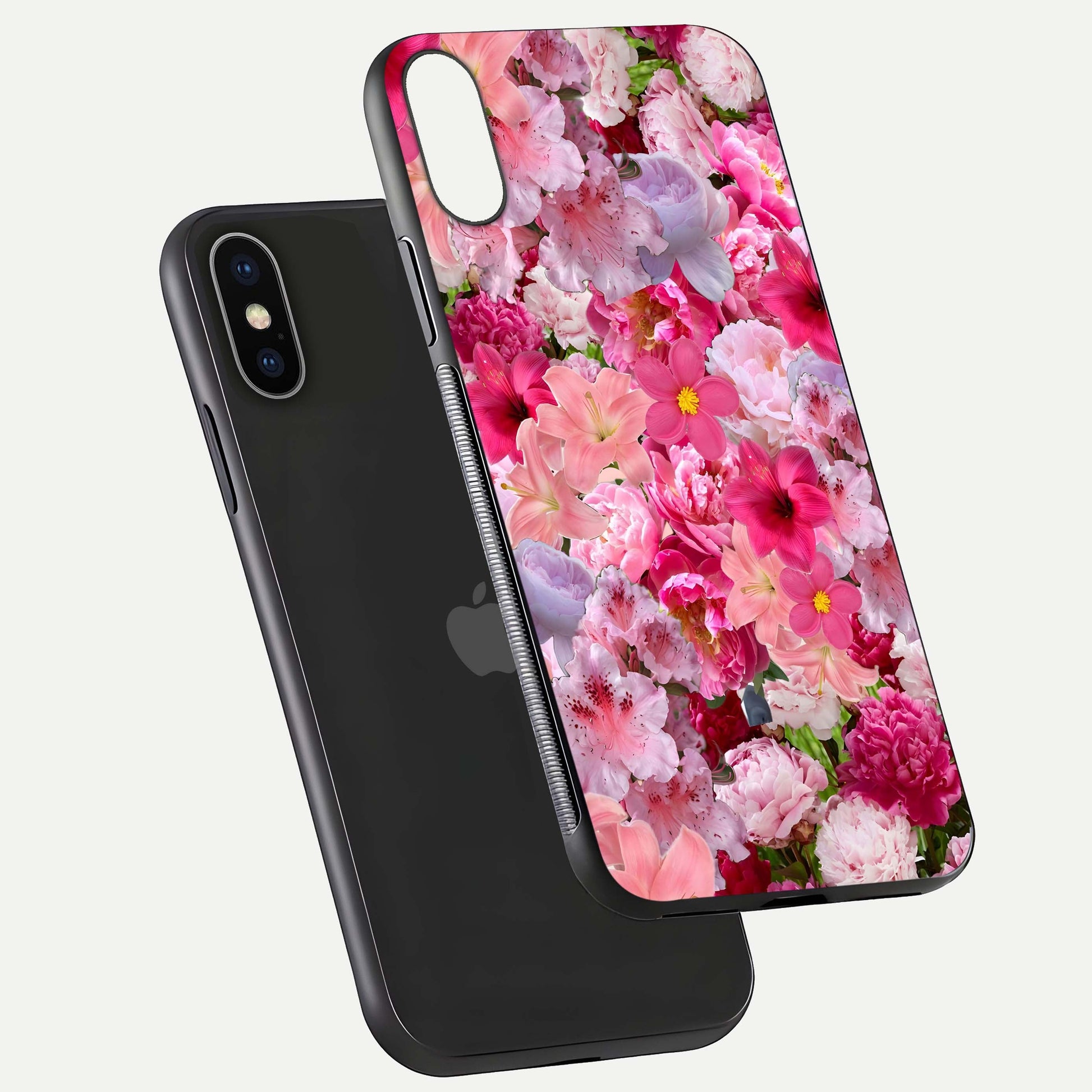 Bloom Crush Fantasy Glass Case for iPhone X floating mockup showing floral pattern clarity and HD glass
