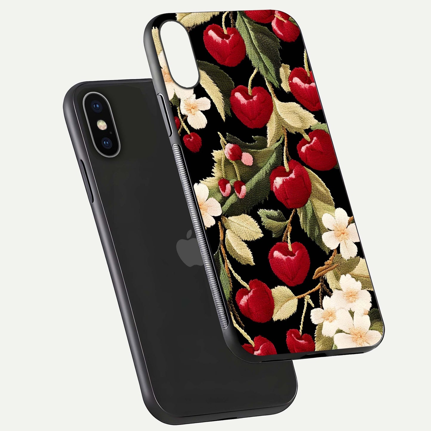 Bloom Thread Art Glass Case for iPhone X floating mockup showing premium reflection and stitched art vibe