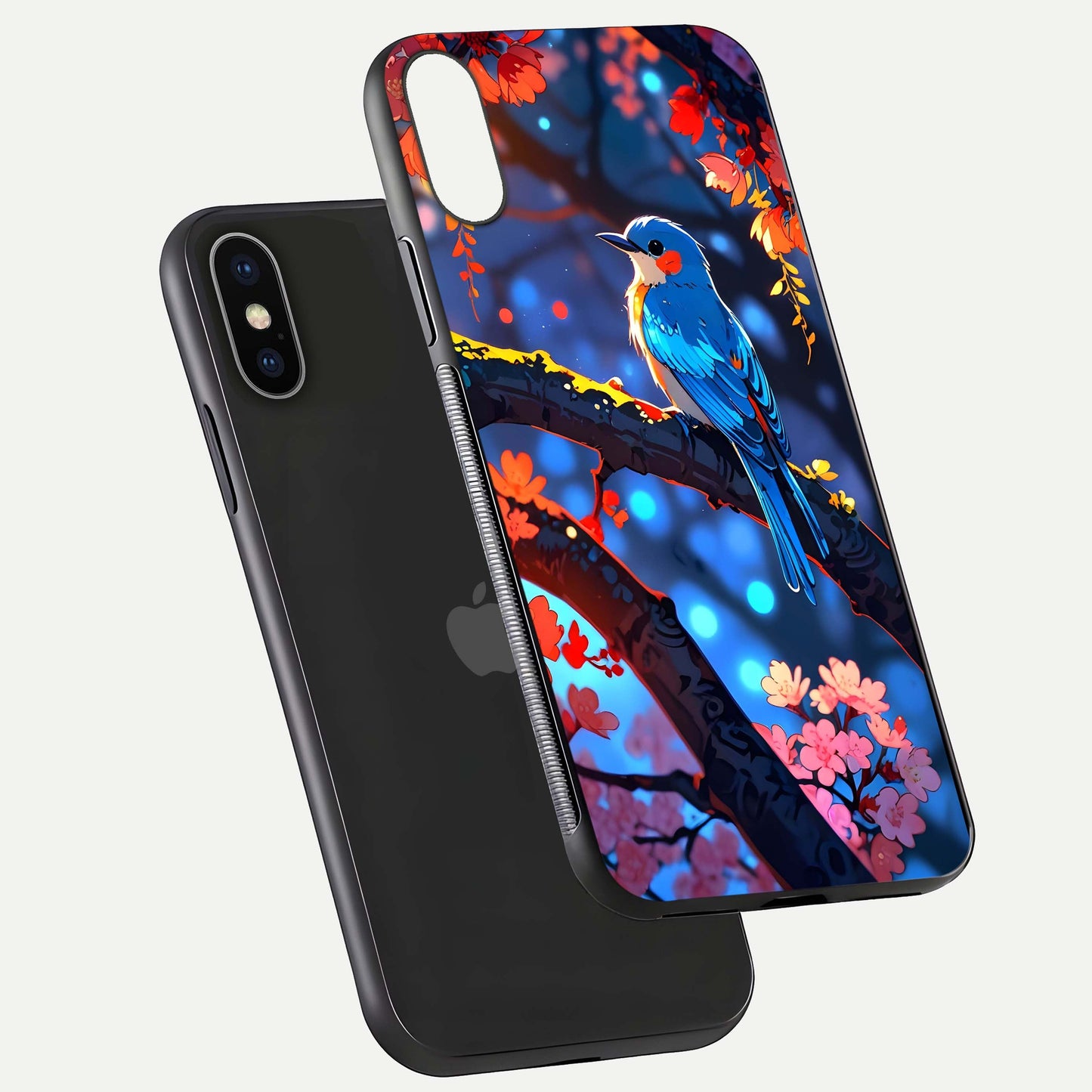 Blooming Spendor Bird Glass Case for iPhone X floating dual-mockup capturing gloss tone and curved texture