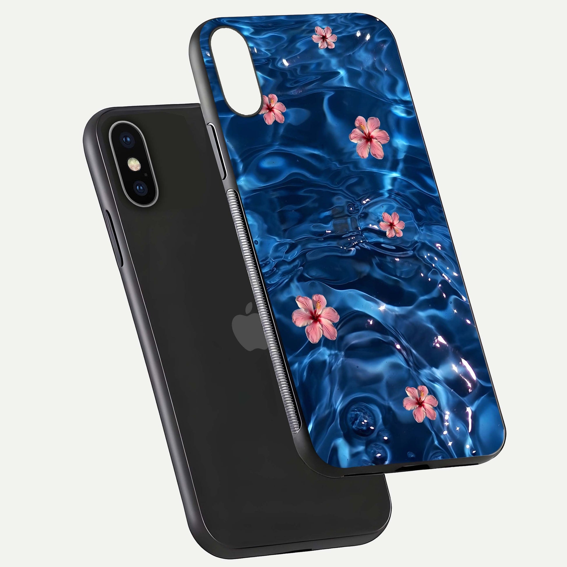 Blooming Water Drift Glass Case for iPhone X floating dual-view mockup showing floral drift pattern and reflective surface