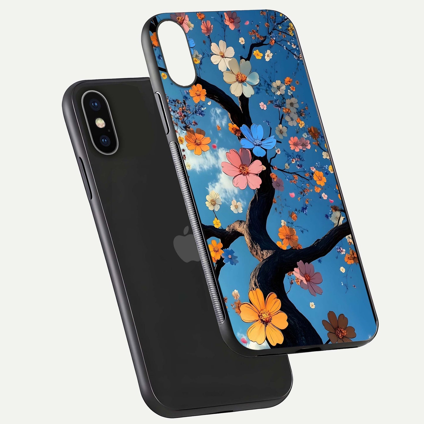 Blossom Dream Sky Glass Case for iPhone X floating dual-mockup displaying smooth finish and elegant sky tones