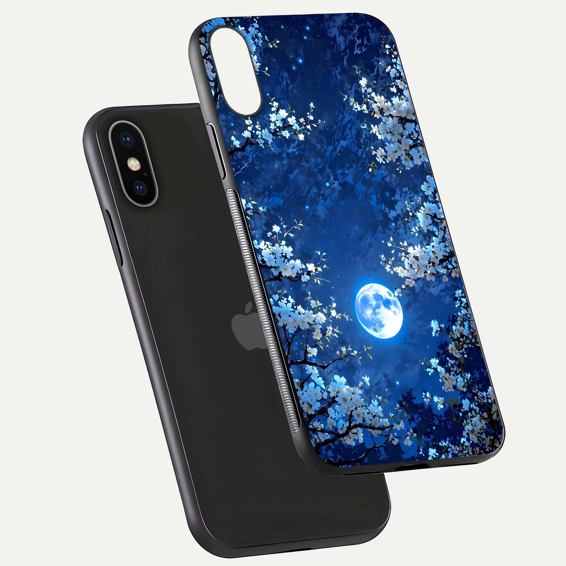 Blossom Moonlight Sky Glass Case for iPhone X floating mockup showing glowing moon accent and HD gloss texture