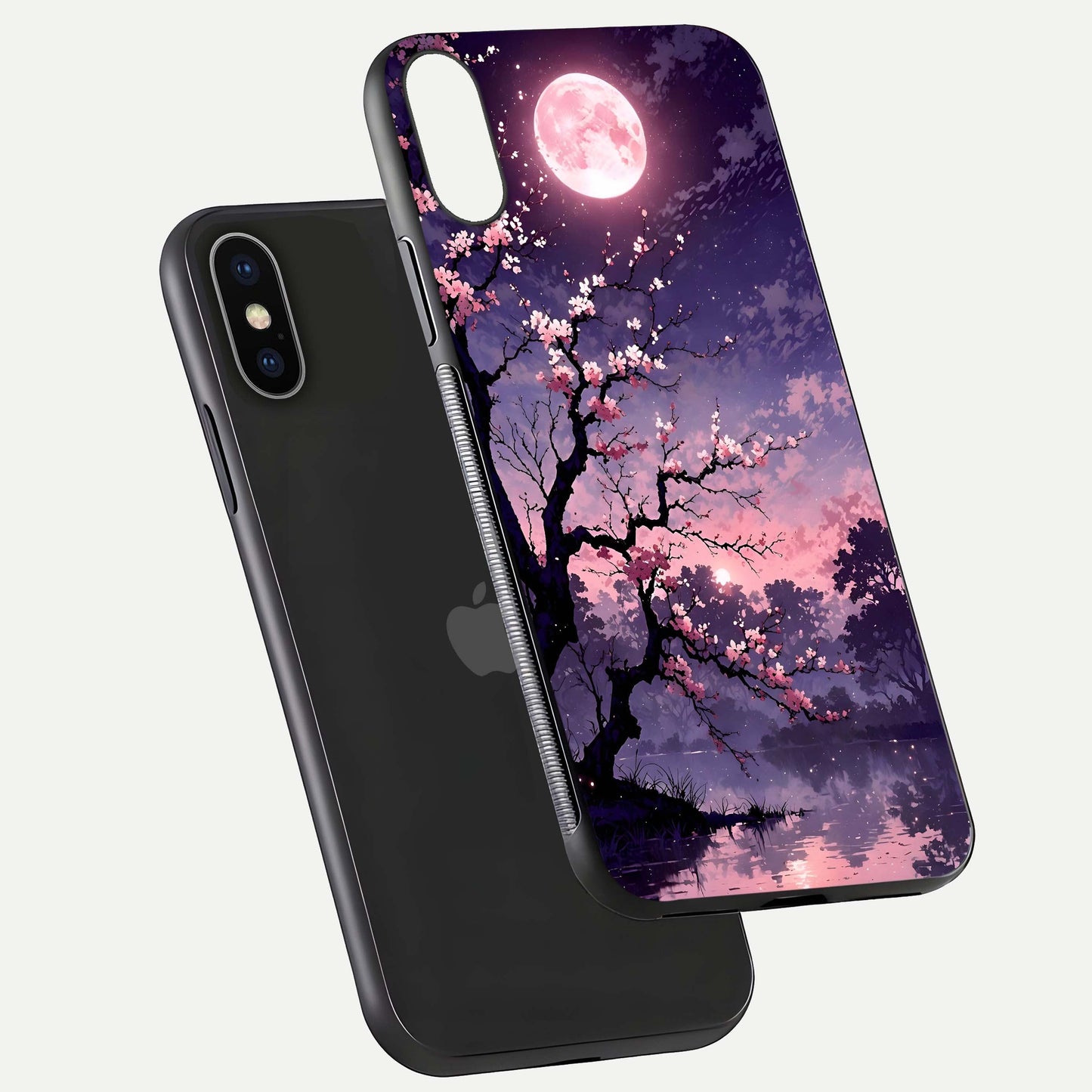 Blossom Pink Moon Glass Case for iPhone X floating mockup emphasizing dreamy pink moon aura and smooth finish