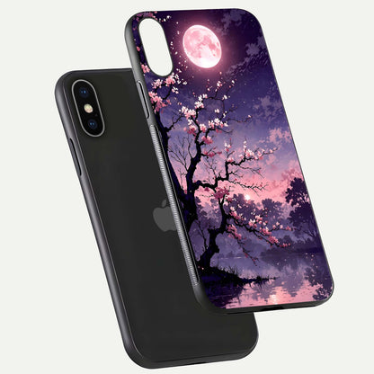 Blossom Pink Moon Glass Case for iPhone X floating mockup emphasizing dreamy pink moon aura and smooth finish