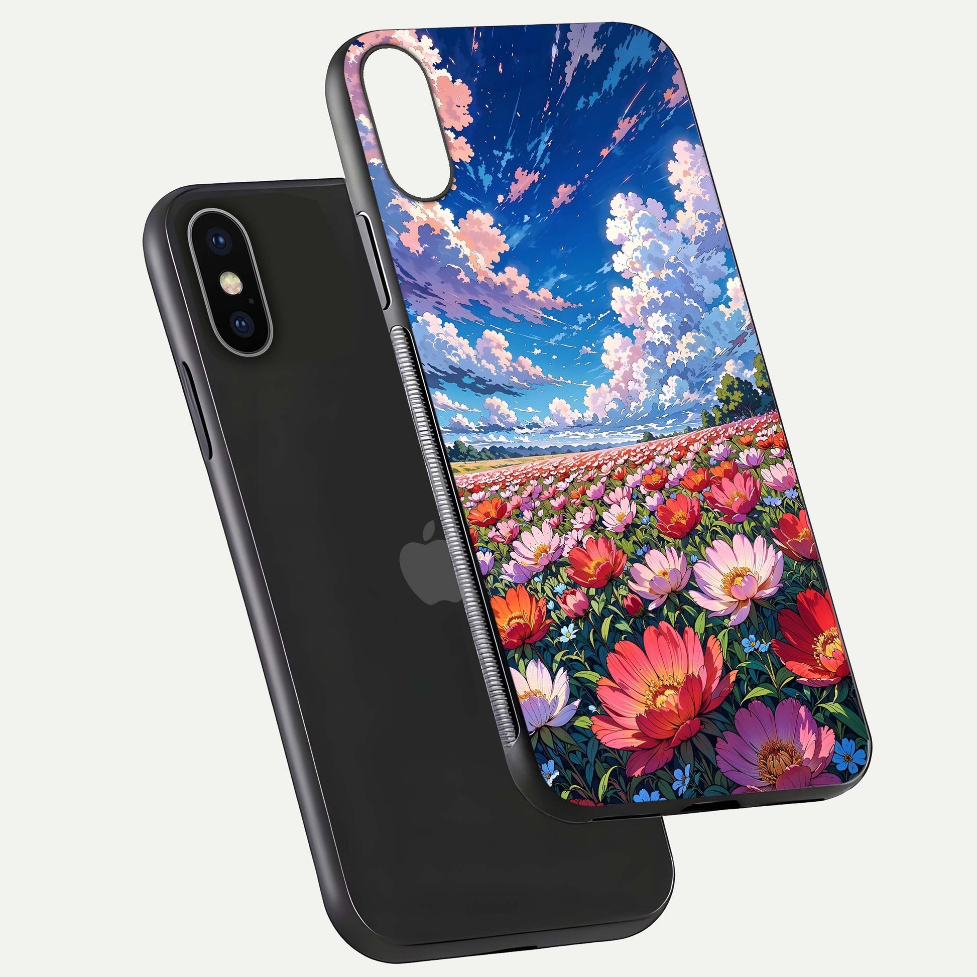 Blossom Sky Field Glass Case for iPhone X floating mockup displaying sky bloom concept with smooth finish