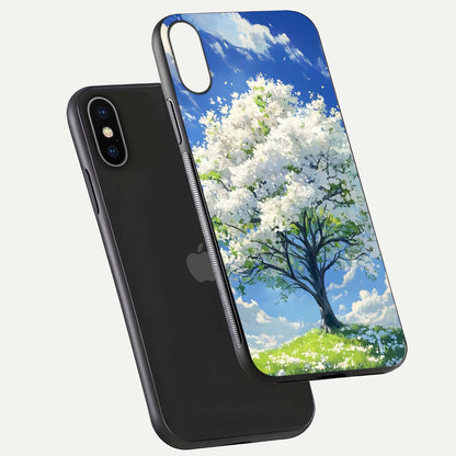 Blossom Sky Serenity Glass Case for iPhone X floating mockup capturing gloss surface and tranquil design