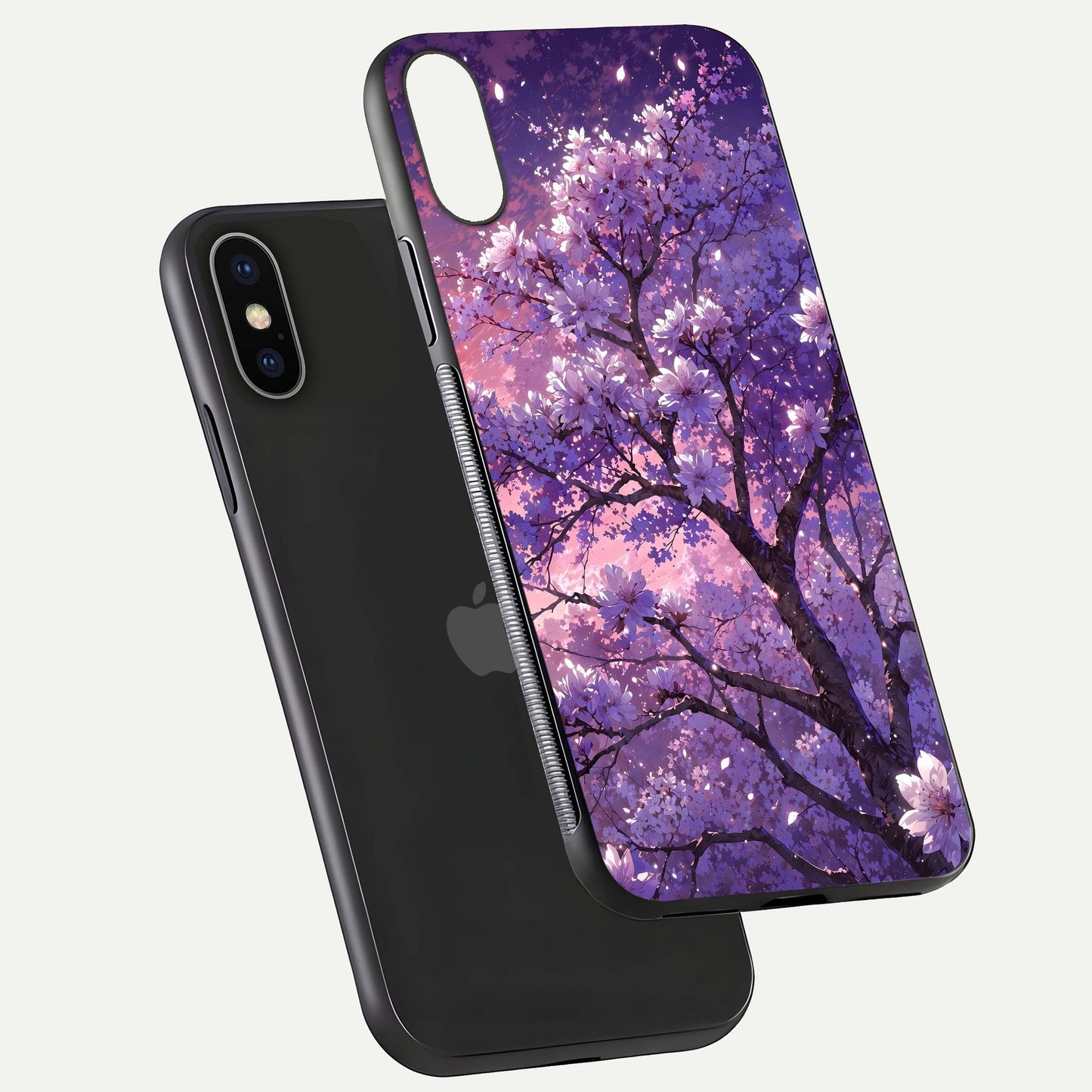 Blossom Tree Glass Case for iPhone X floating dual-mockup displaying texture detail and curved edges