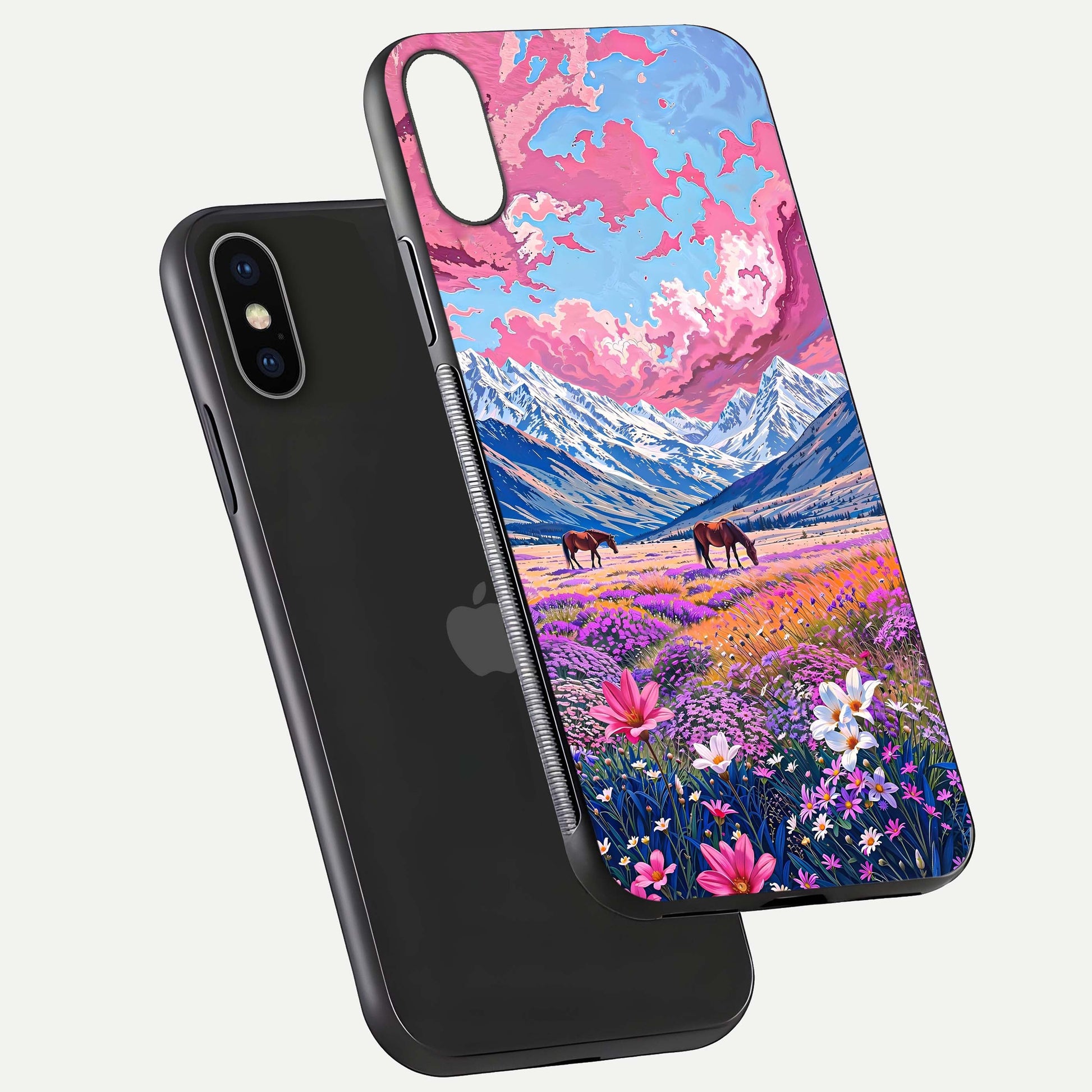 Blossom Valley Dream Glass Case for iPhone X floating mockup showing floral valley blend and reflective surface